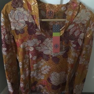 Tory Burch Orange Floral Silk Metallic Tunic
